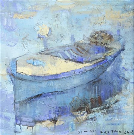 Simon Kajtna "Barca azzurra" cm. 40x40 - olio su tela Firmato b. a d. e...