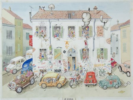 Giovanni Duiz Trieste 1923-2015 "La scuola" cm. 46x62 - acquerello su carta...