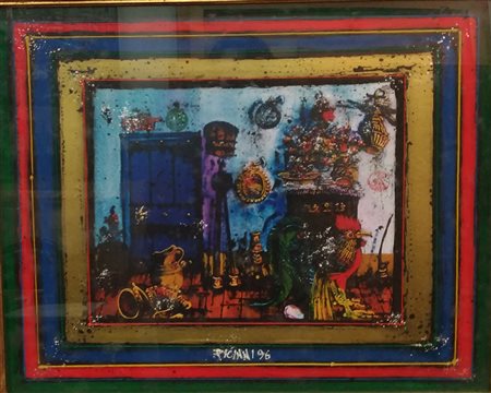 Picinni - 1996 - Interno con gallo - 71x59 - Tecnica Mista