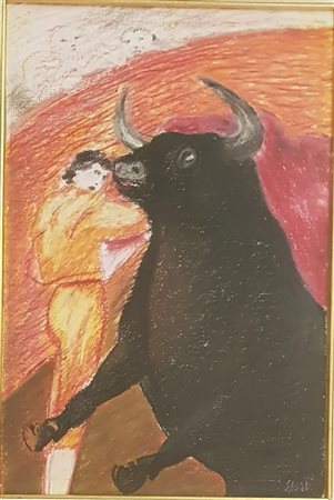 Aligi Sassu torero pastello su carta intelata 31x46 1970 autentica...
