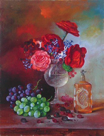 Dusan Jovanovic 40x50 olio su tela 1998 Natura morta con fiore autentica...