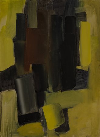 ALFREDO CHIGHINE (1914-1974)Bottiglia e barattolo nero e giallo, 1960Olio su...
