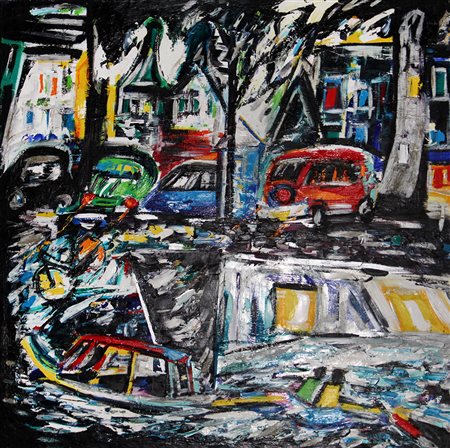 ALFONSO MANGONE Amsterdam olio su tela cm. 100x100, firma sul retro dell’opera.