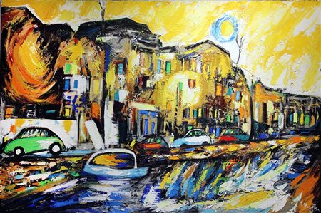 ALFONSO MANGONE Amsterdam olio su tela cm. 100x150, firma in basso a destra.