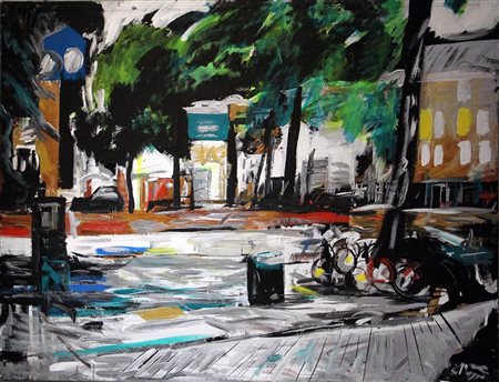 ALFONSO MANGONE Berlino acrilico su tela cm. 100x140, firma in basso a destra.