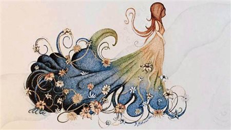 BARBARA MELCARNE Lady B puntinismo a china su cartoncino cm. 25x50, firma in...