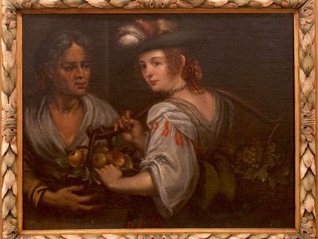 Attribuzione: area emiliana Scena di mercato con personaggi, 1600 olio su...