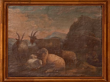 ROSA DA TIVOLI Paesaggio campestre con capre, 1600 olio su tela cm. 170x55...