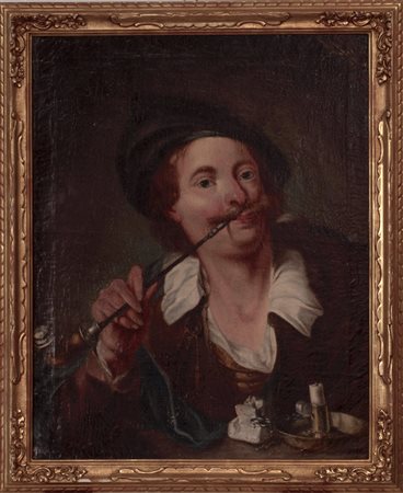 Attribuzione : Austria Fumatore di pipa, settecento olio su tela cm. 60X75,