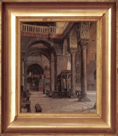 Attribuzione : Venezia Interno di chiesa, ottocento olio su tela cm. 30X35...