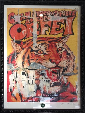 MIMMO ROTELLA Circo Orfei a fondo rosso seriDécollage cm. 100x70, Tiratura:...