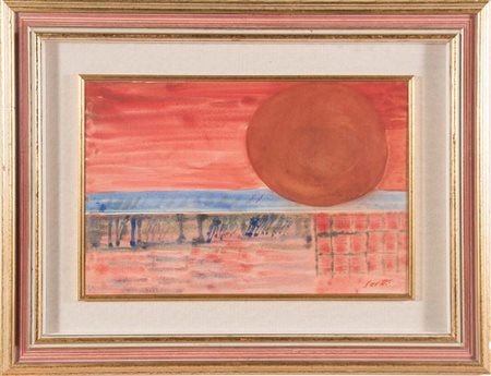 Bruno Saetti (Bologna 1902 – 1984), “Paesaggio con sole”. Acquerello su carta...