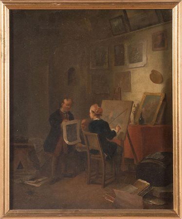 Pittore del XX sec., “Atelier del Pittore”. Olio su tela, H cm 41.5x33.5