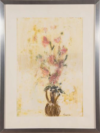 P. Brambilla (XX sec.), “Natura morta con vaso di fiori”. Acquerello su...