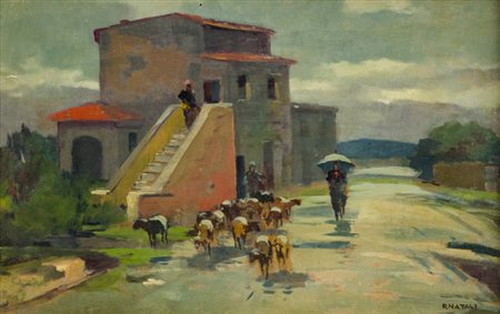 Renato Natali (Livorno 1883 1979) Ritorno all'ovile Olio su tavola, cm....