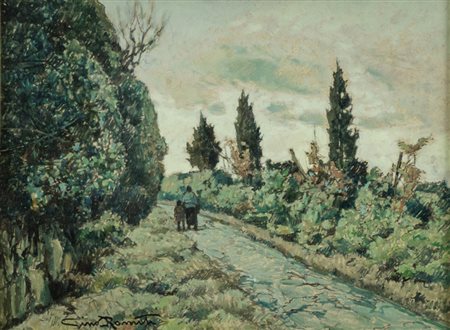 Gino Romiti (Livorno 1881 1967) Strada di campagna con figure Olio su...