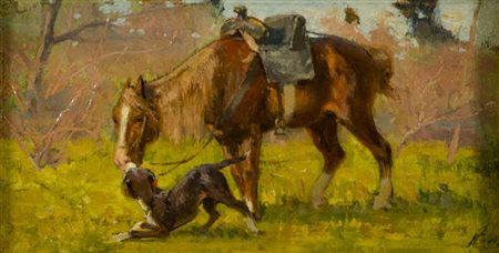Eugenio Cecconi (Livorno 1842 Firenze 1903) Cavallo e cane Olio su tavola,...