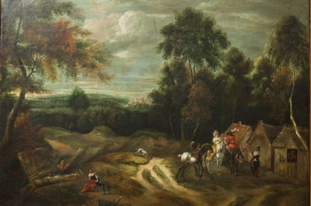 PITTORE ANONIMO DEL XVIII SECOLO "Paesaggio con incontro galante" 70X102 olio...