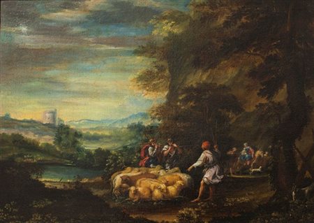 PITTORE ANONIMO DEL XVIII SECOLO "Paesaggio con pastori e pecore" 45x62 olio...