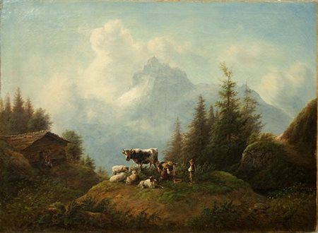 AUTORE NON IDENTIFICATO "Pascolo in alta montagna" 73x100 olio su tela Opera...