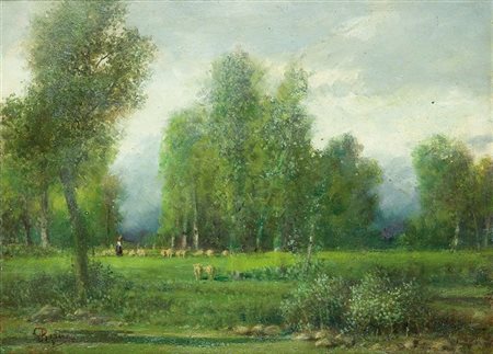 PISANO GIOVANNI Sevi (NU) 1875 - 1964 Torino "Pascolo nei boschi" 30x40 olio...