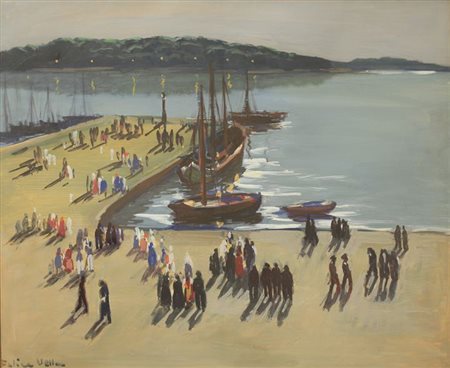 VELLAN FELICE Torino 1889 - 1976 "Il molo di Rovigno in una notte di luna"...