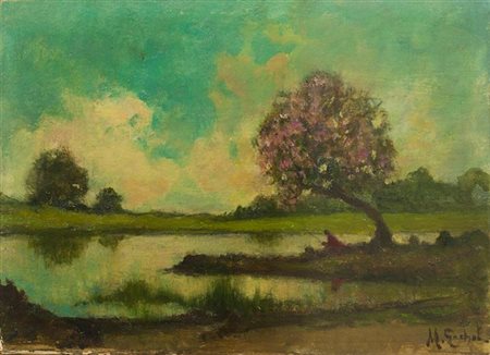 GACHET MARIO Torino 1879 - 1981 "Il lago Sirio" 25x35 olio su cartone Opera...