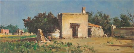 COLELLA FRANCO Bari 1900 - 1981 "Casale di campagna" 19x49 olio su tavoletta...