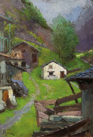 ROSSI ALBERTO Torino 1858 - 1936 "La baita bianca" 25x17 olio su tavoletta...