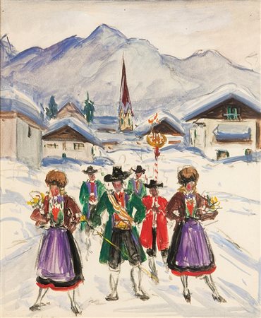 VELLAN FELICE Torino 1889 - 1976 "Festa di paese a Gressoney" 44x37 tecnica...