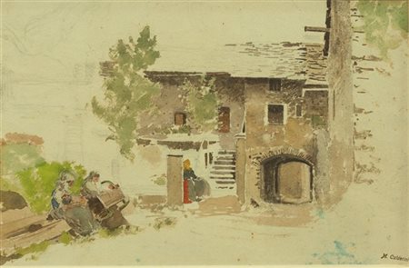 CALDERINI MARCO Torino 1850 - 1941 "Scorcio di borgata" 21x32 acquerello su...