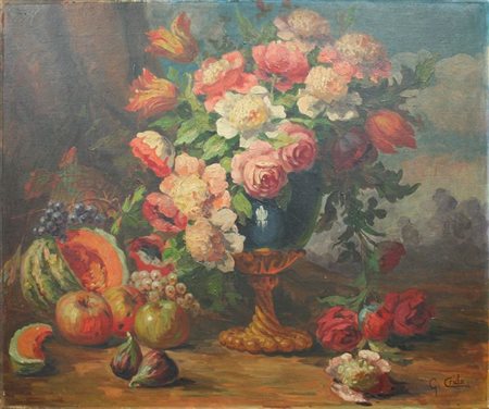 CRIDA GIOVANNI PAOLO Graglia (BI) 1886 - 1967 "Fiori e frutta" 77x92 olio su...