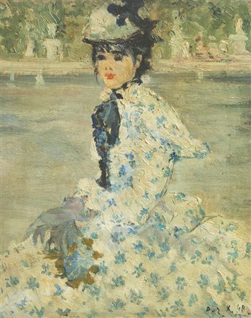 GARIAZZO PIER ANTONIO Torino 1879-1964 "Dama in bianco e blu" 1948 41x35 olio...