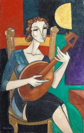 LANDI BRUNO Roma 1941 "Donna con chitarra" 80x50 olio su tela Opera firmata...