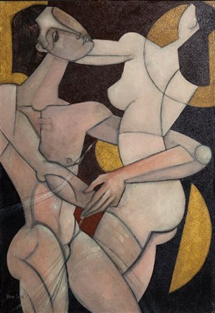 LANDI BRUNO Roma 1941 "Amanti" 2006 100x70 olio su tela Opera firmata in...