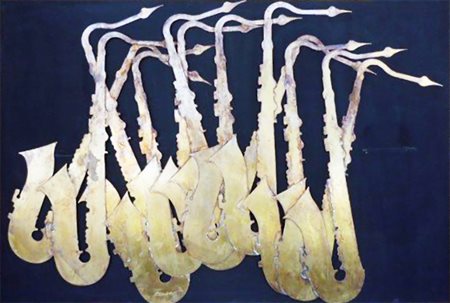 Fernandez Arman (Nizza 1928 - New York 2015) Dodici sax Dim.90x140 Bronzi...