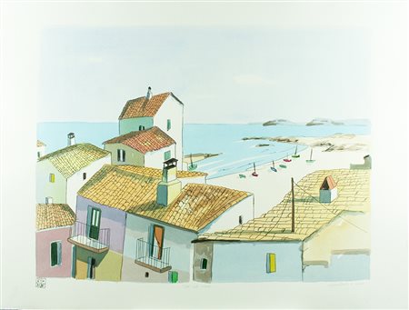 ALDO RISO S. Maria di Leuca 1928 - Roma 2008 "Tetti sul mare " serigrafia...