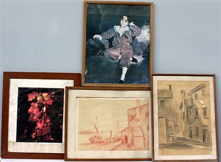 Azzoni A. Lotto di due disegni a matita raffiguranti scorci di paesi, in...