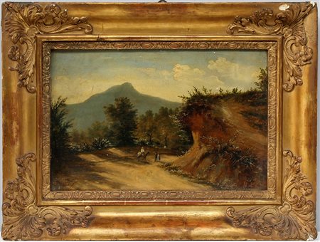 Firma indecifrata sec XIX "Paesaggio montano con viandanti" olio su...