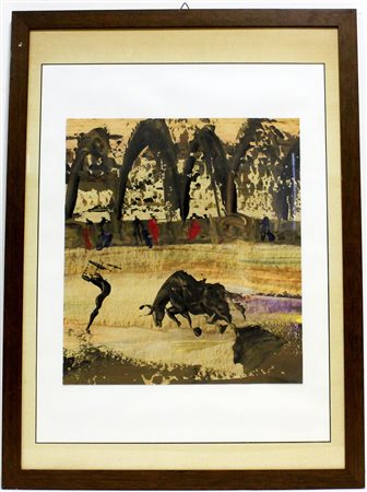 Firma indecifrata "La corrida" tecnica mista su cartoncino (cm 41x36,5)...
