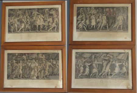 Gruppo di quattro stampe monocrome di incisori diversi, raffiguranti parti...