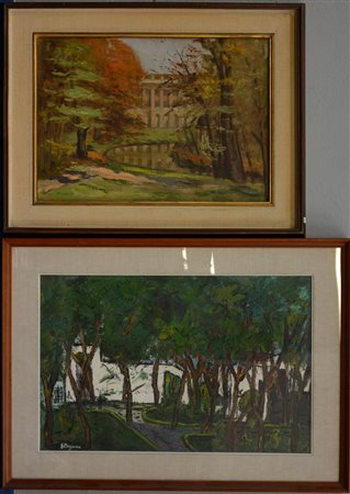 Lotto di due dipinti a olio raffiguranti paesaggi, autori e tecniche e misure...