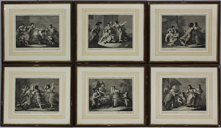 Lotto composto da sei incisioni (cm 19,5x26) in bianco e nero con soggetti...