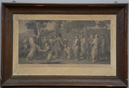 Incisione del sec. XIX raffigurante una scena religiosa entro cornice dorata...