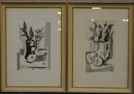 Epifanio Pozzato (Biella 1931)“Nature morte” 1965, coppia di tecniche miste...