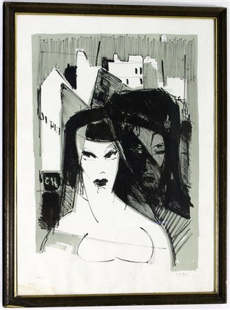 Firma indecifrata "Composizione con figure" litografia (cm 68x48) firmata in...