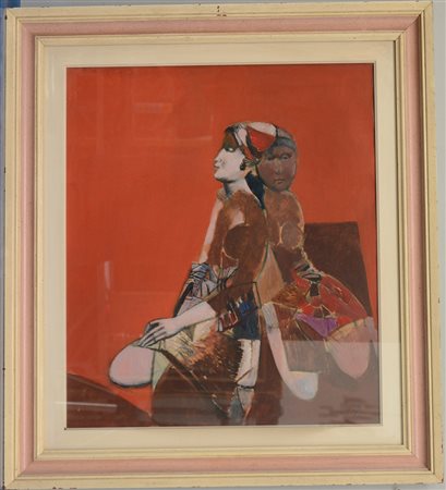 Lino Dinetto "Le due amiche" olio su tela (cm 70x60) firmato in basso a...