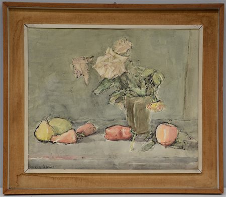Giorgio Spinaci (Fano 1904 - 1975)"Vaso con fiori e frutta" tecnica mista su...