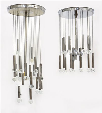 Gaetano Sciolari (1927 - 1994)Lotto di due lampade a sospensione in acciaio...