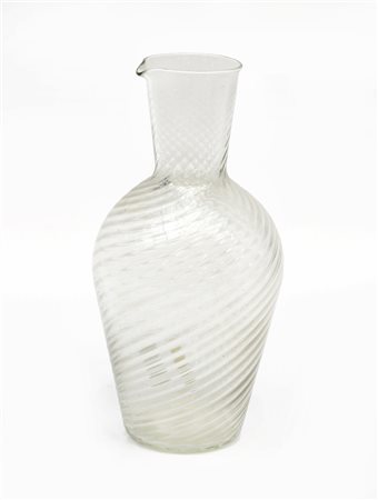 Manifattura di Murano. Brocca in vetro soffiato incolore a canne ritorte. Sec XX
